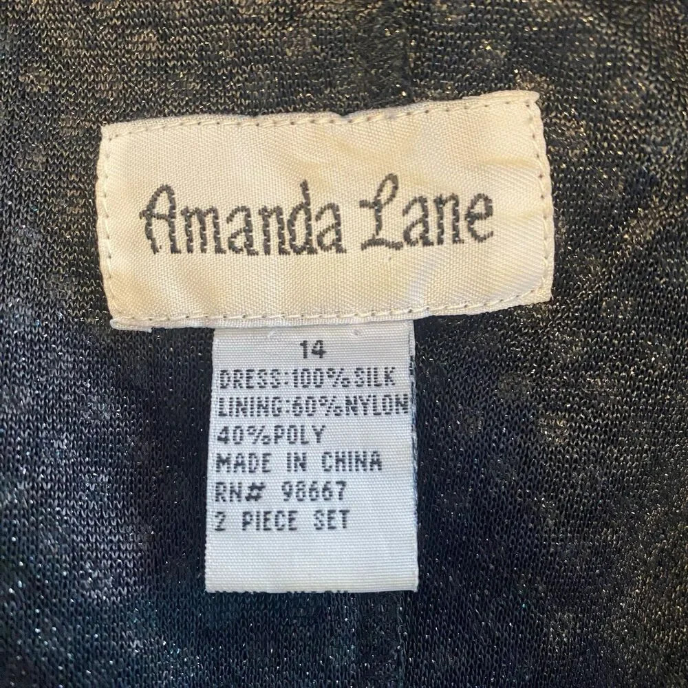 VTG Amanda Lane Silk Black Luxury Midi Dress SZ 14 Metallic Dot Lined Layer Goth - Picture 2 of 9
